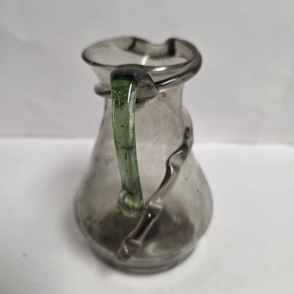 Hand Blown Art Glass Mini Pitcher Smoky Gray Seed Glass Applied Green Handle 6